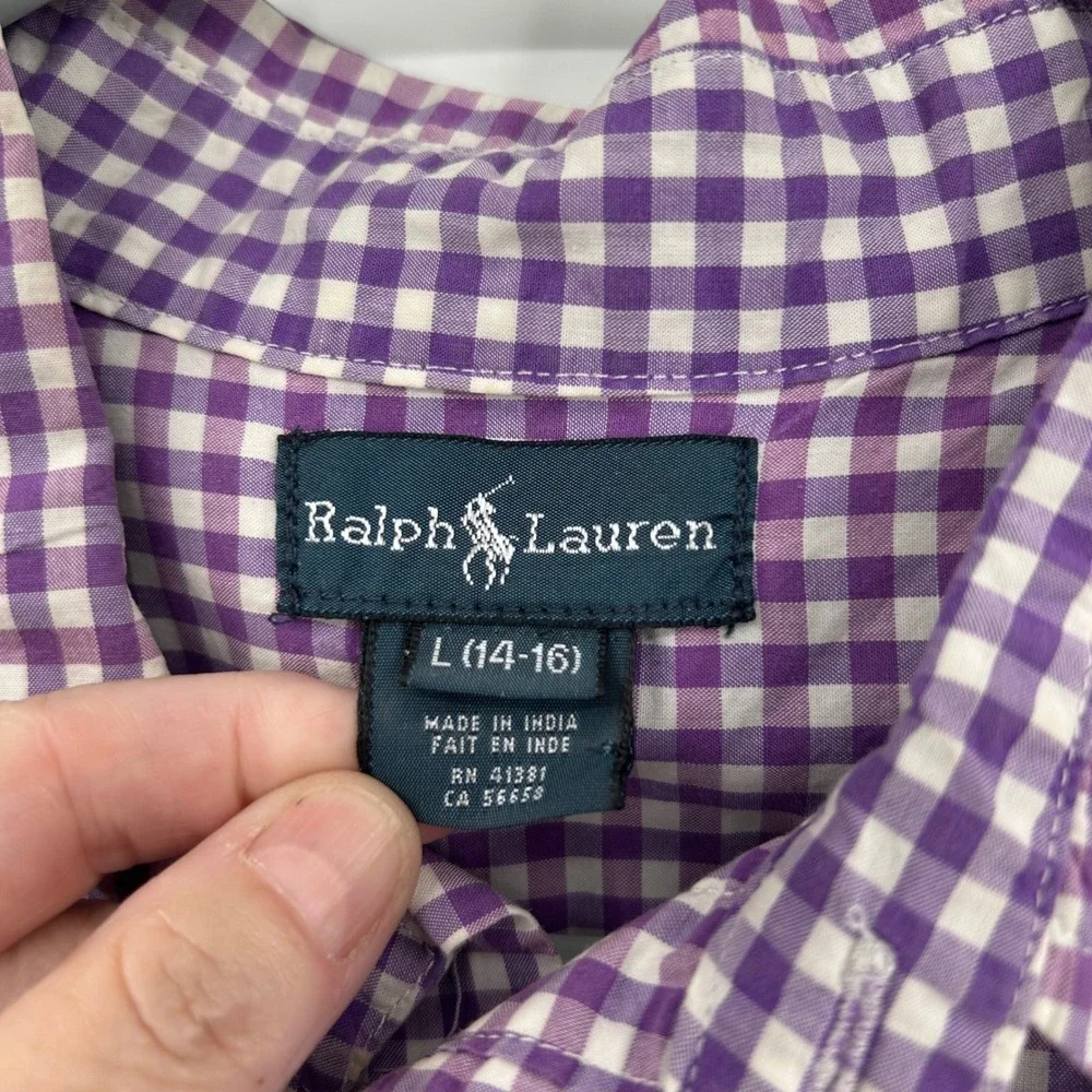 Ralph Lauren Kids Purple Gingham Check Button Down Long Sleeve Shirt L 14-16